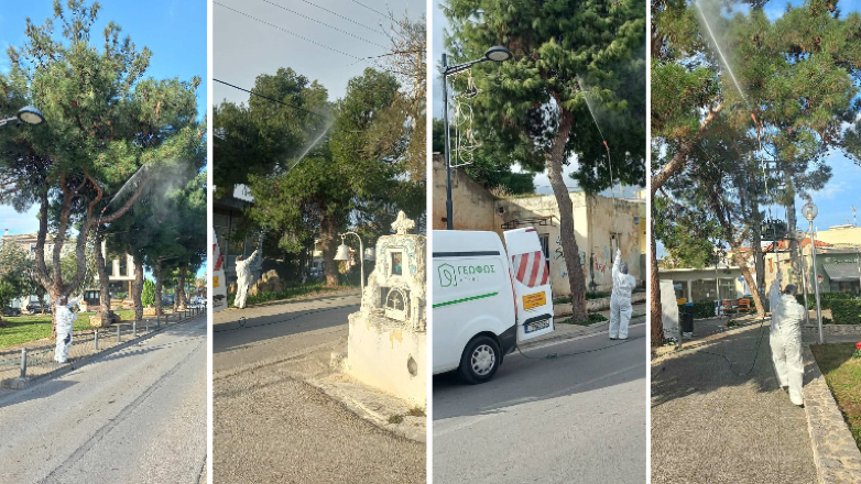 Εργασίες ραντισμού σε δενδρόφυτες περιοχές, δημόσιους χώρους και πλατείες του δήμου Μάνδρας Ειδυλλίας